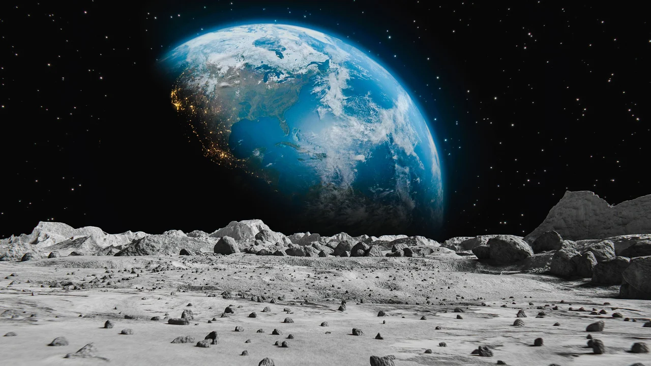 Moon surface and a big planet Earth on the background