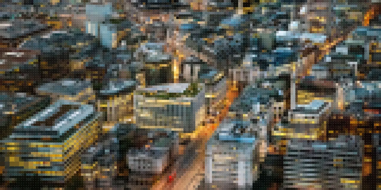 A pixellated image of an aerial veiw of a city