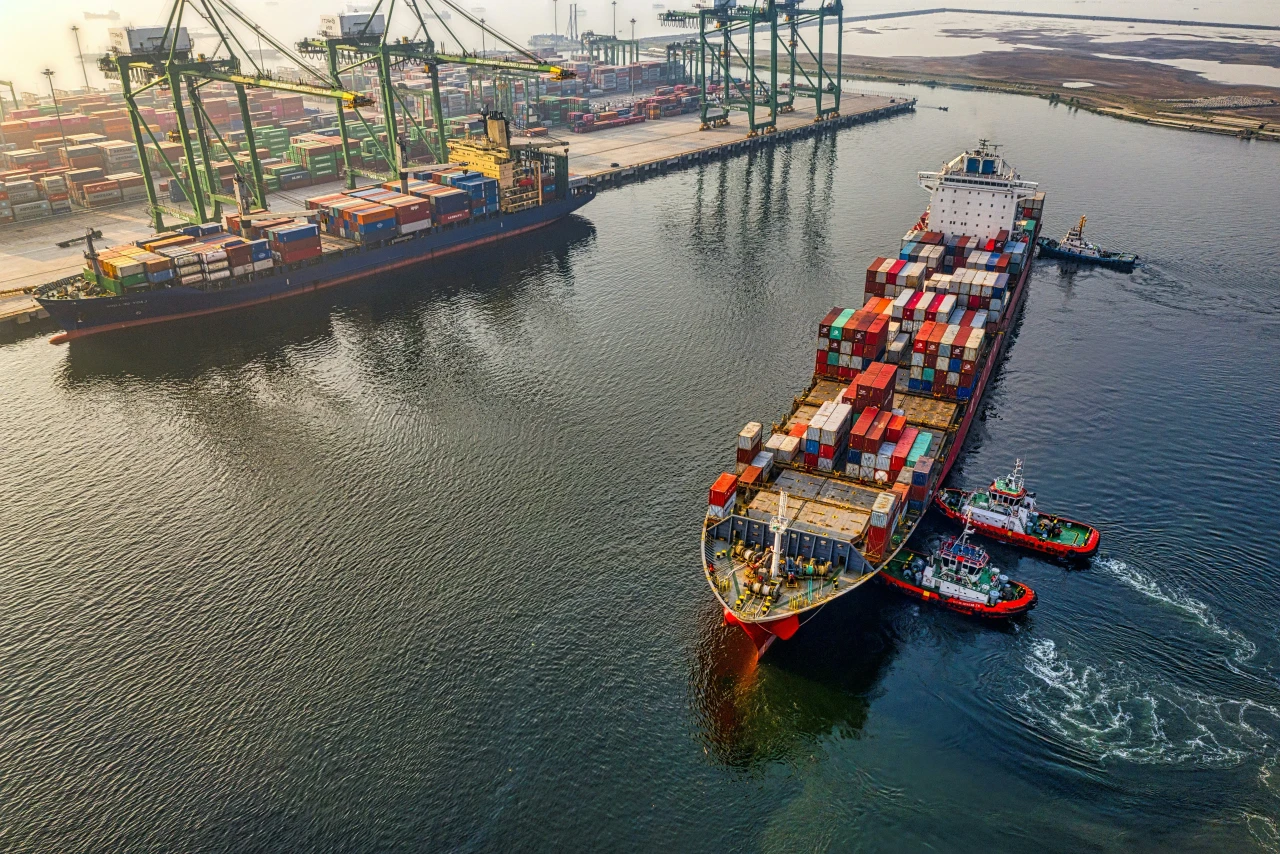 Aerial photo of a cargo ship in a port