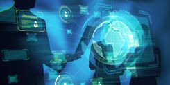 Blie visual of a digital globe and two people shaking hands